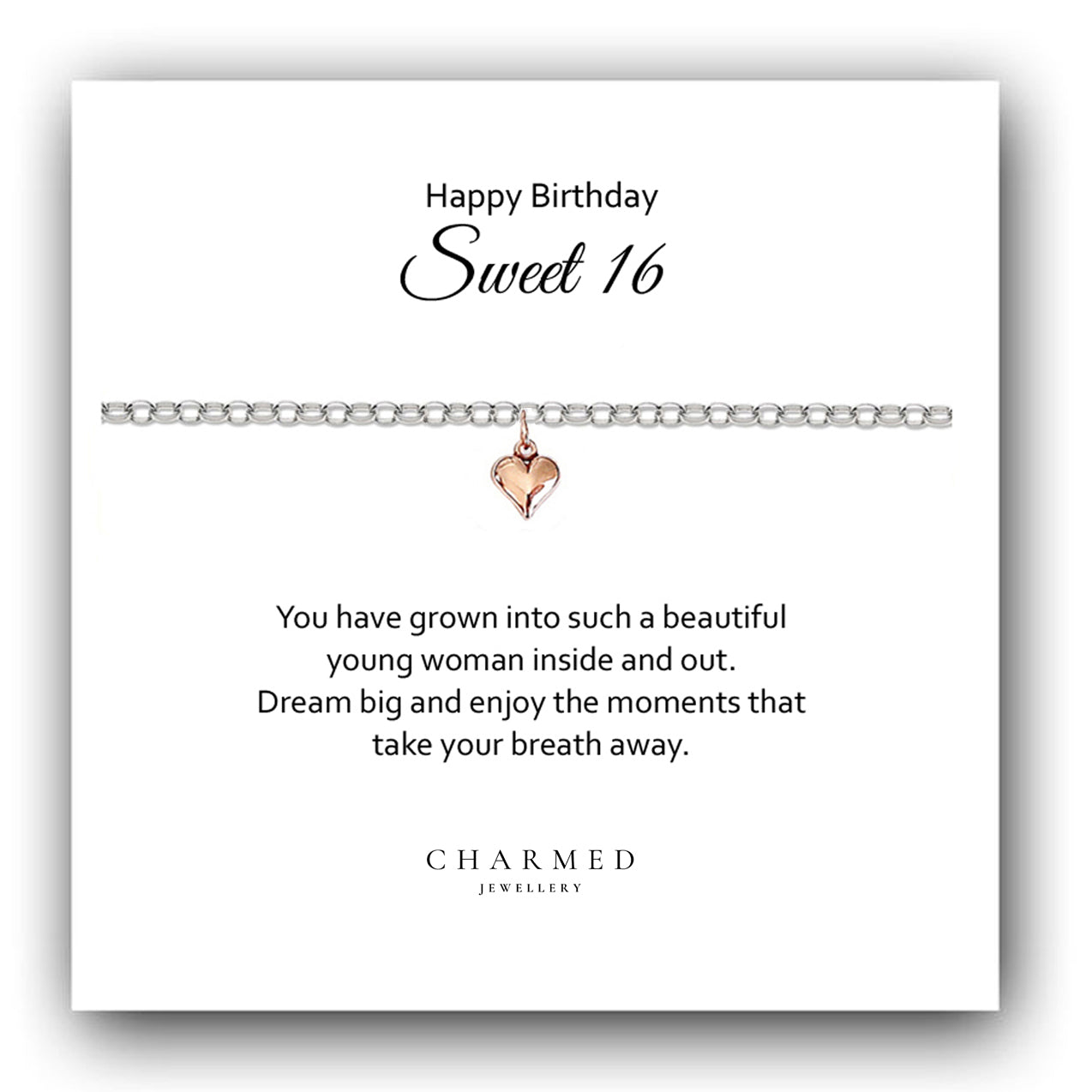 Sweet 16 Rose Gold Puffy Heart Bracelet in Sterling Silver 925, Personalised Jewellery Gift