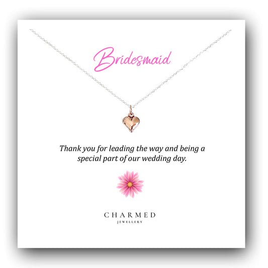 Bridesmaid Gift Rose Gold Heart Necklace in Sterling Silver 925, Personalised Gift