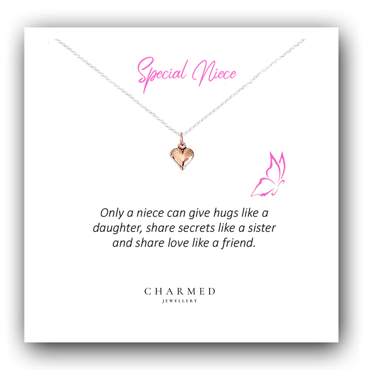 Niece Gift, Rose Gold Puffy Heart Necklace in Sterling Silver 925, Personalised Jewellery Gift