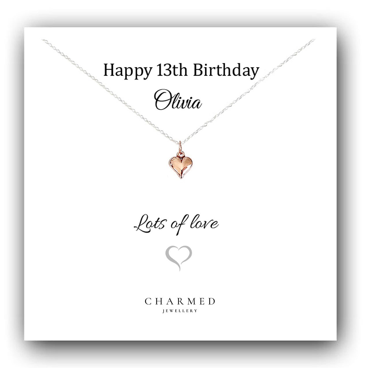 13th Birthday Rose Gold Puffy Heart Necklace in Sterling Silver 925 - Personalised Jewellery Gift