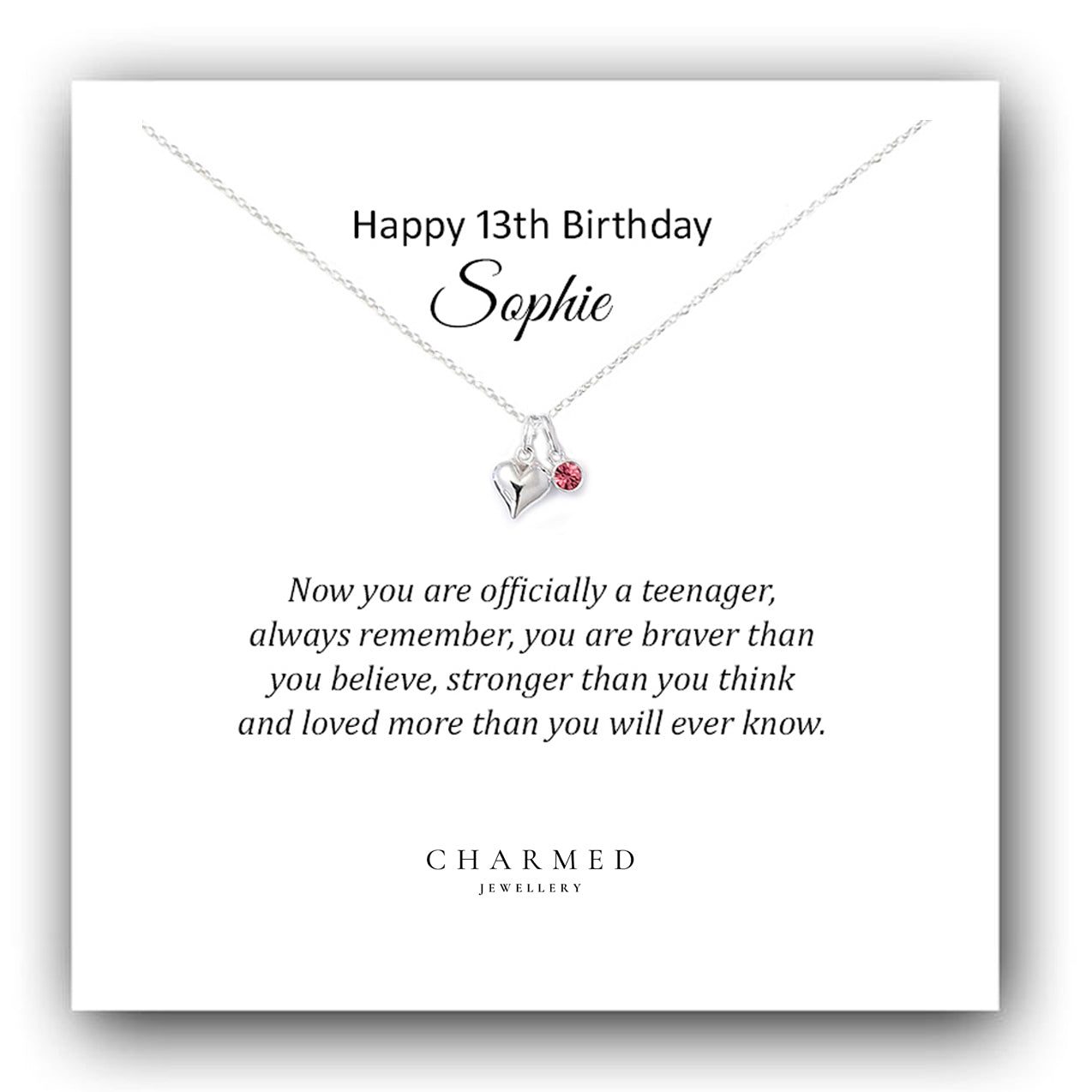 13th Birthday Puffy Heart Necklace with Birthstone in Sterling Silver 925 - Personalised Jewellery Gift