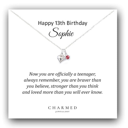 13th Birthday Heart Necklace with Birthstone | Sterling Silver 925 | Personalised Jewellery Gift