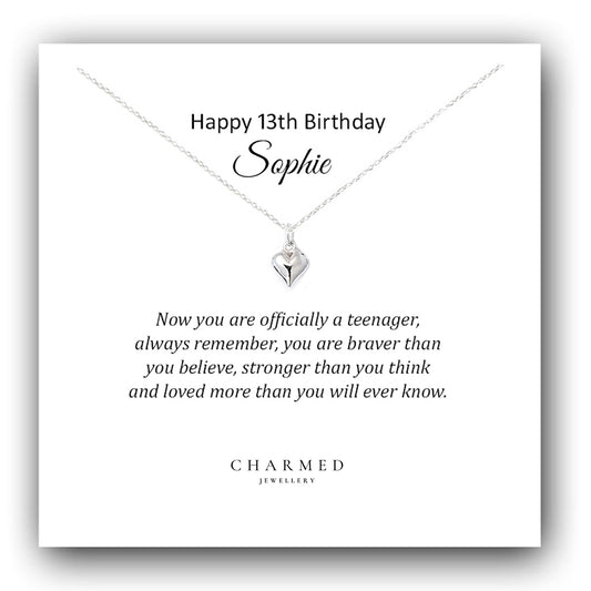 13th Birthday Puffy Heart Necklace in Sterling Silver 925 - Personalised Jewellery Gift