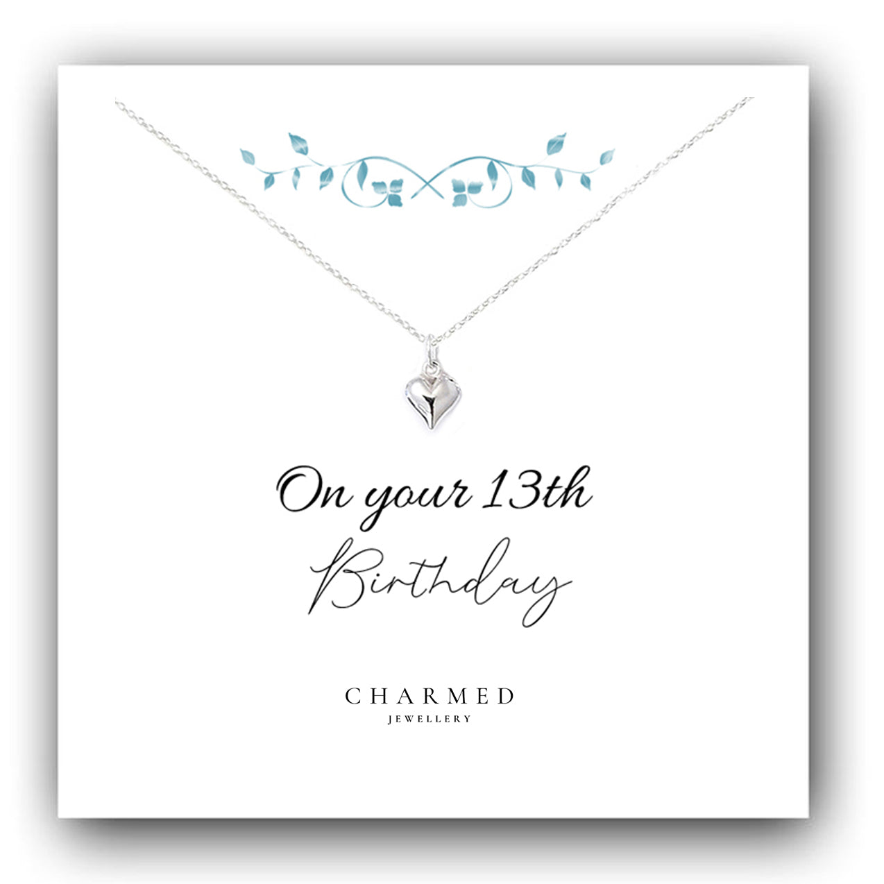 13th Birthday Puffy Heart Necklace in Sterling Silver 925 - Personalised Jewellery Gift