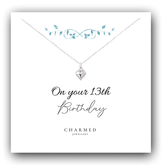 13th Birthday Puffy Heart Necklace in Sterling Silver 925 - Personalised Jewellery Gift