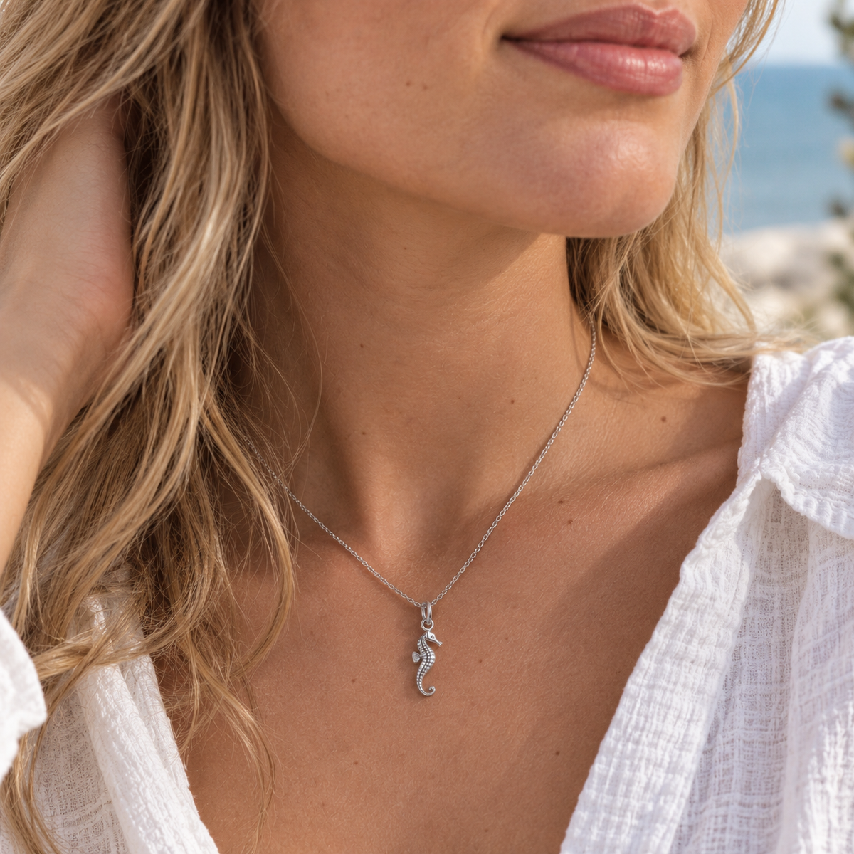 Sterling Silver Seahorse Necklace worn by model