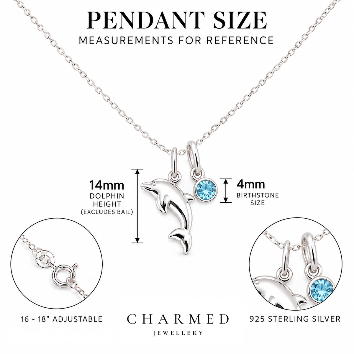 Dolphin Birthstone Necklace measurement guide with 15mm pendant