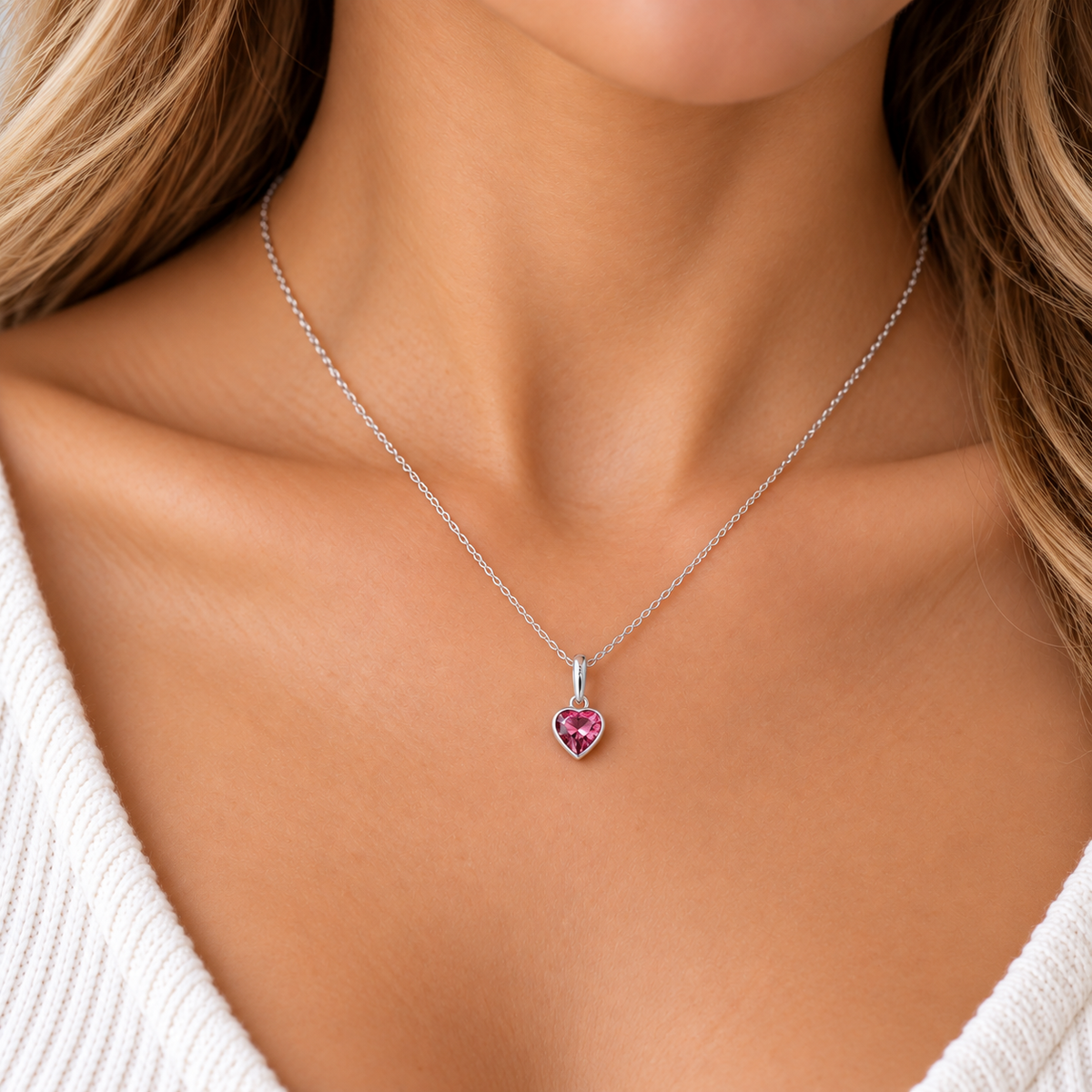 Tourmaline Heart October Birthstone Necklace in Sterling Silver worn by model