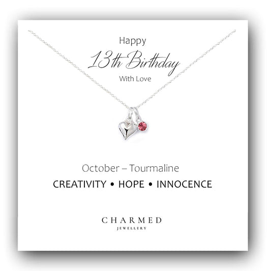 13th Birthday Gift, Puffy Heart Necklace with Choice of Swarovski Crystal Birthstone in Sterling Silver 925, Personalised Gift