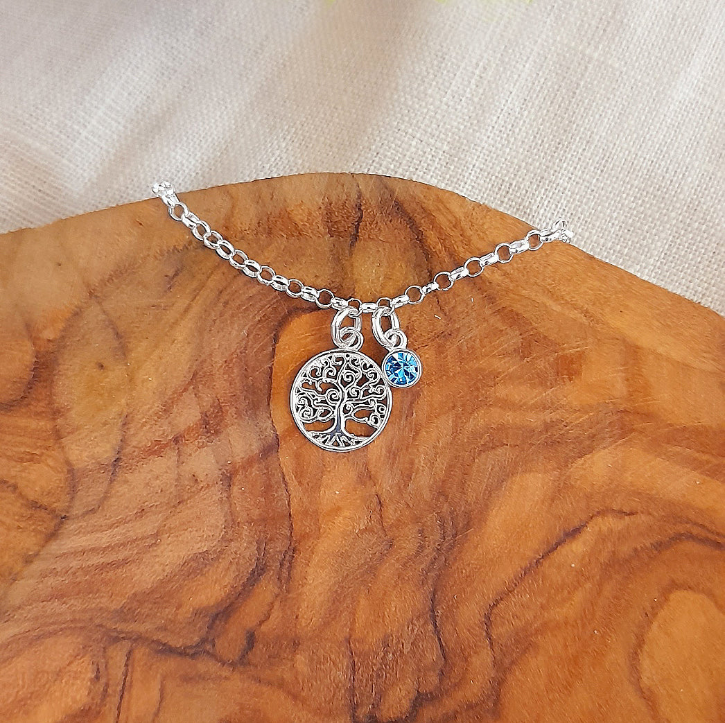 Tree of Life Bracelet with Crystal Birthstone in Sterling Silver 925 Personalised Jewellery