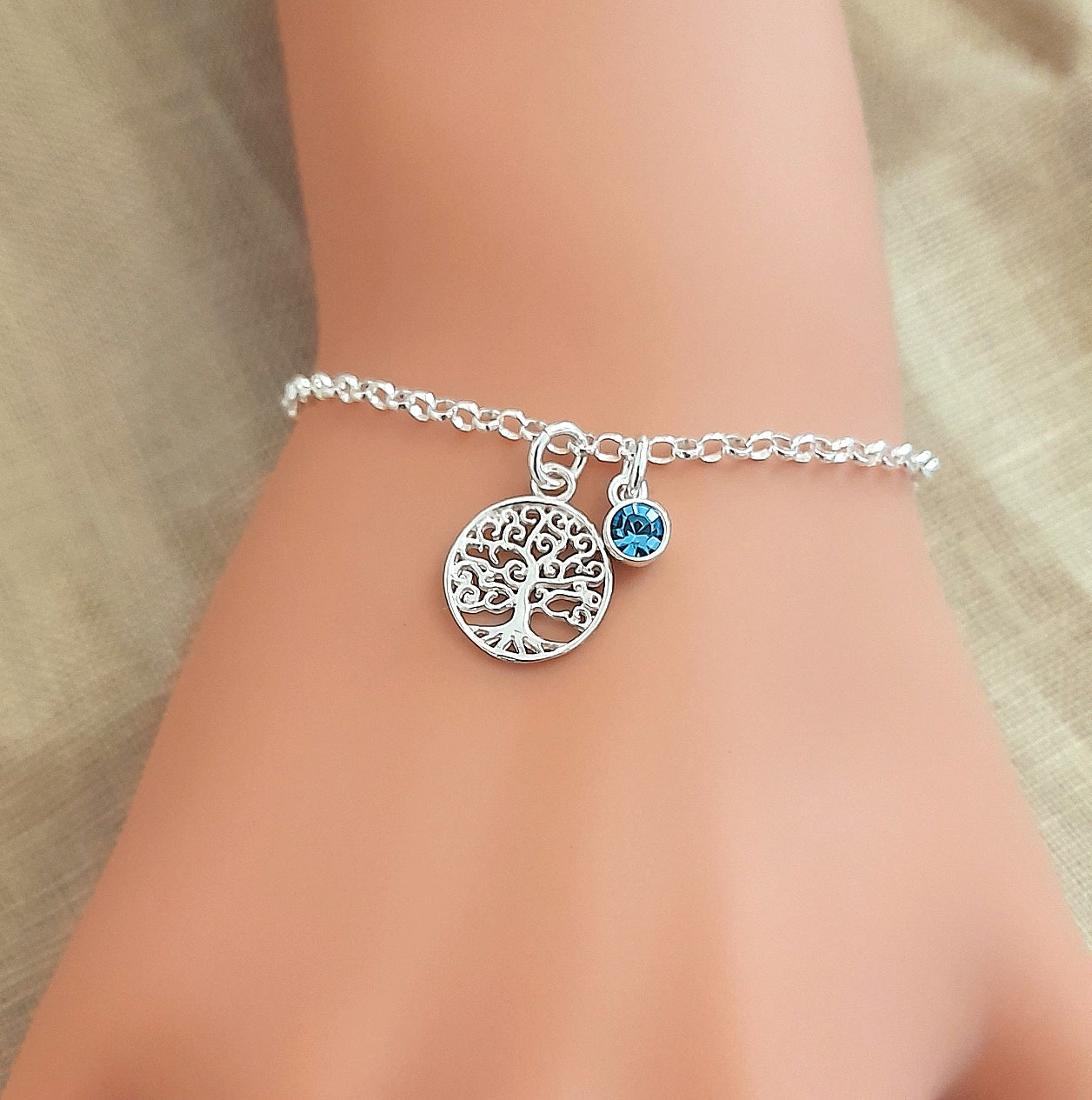 Tree of Life Bracelet with Crystal Birthstone in Sterling Silver 925 Personalised Jewellery