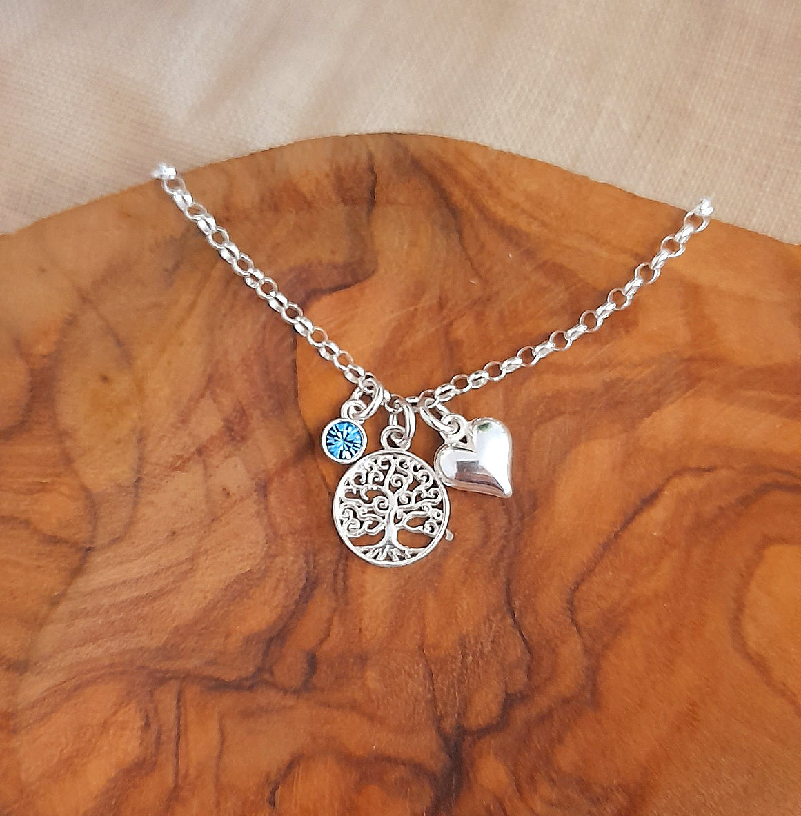 Tree of Life Bracelet with Puffy Heart and Optional Birthstone in Sterling Silver 925 Personalised Jewellery