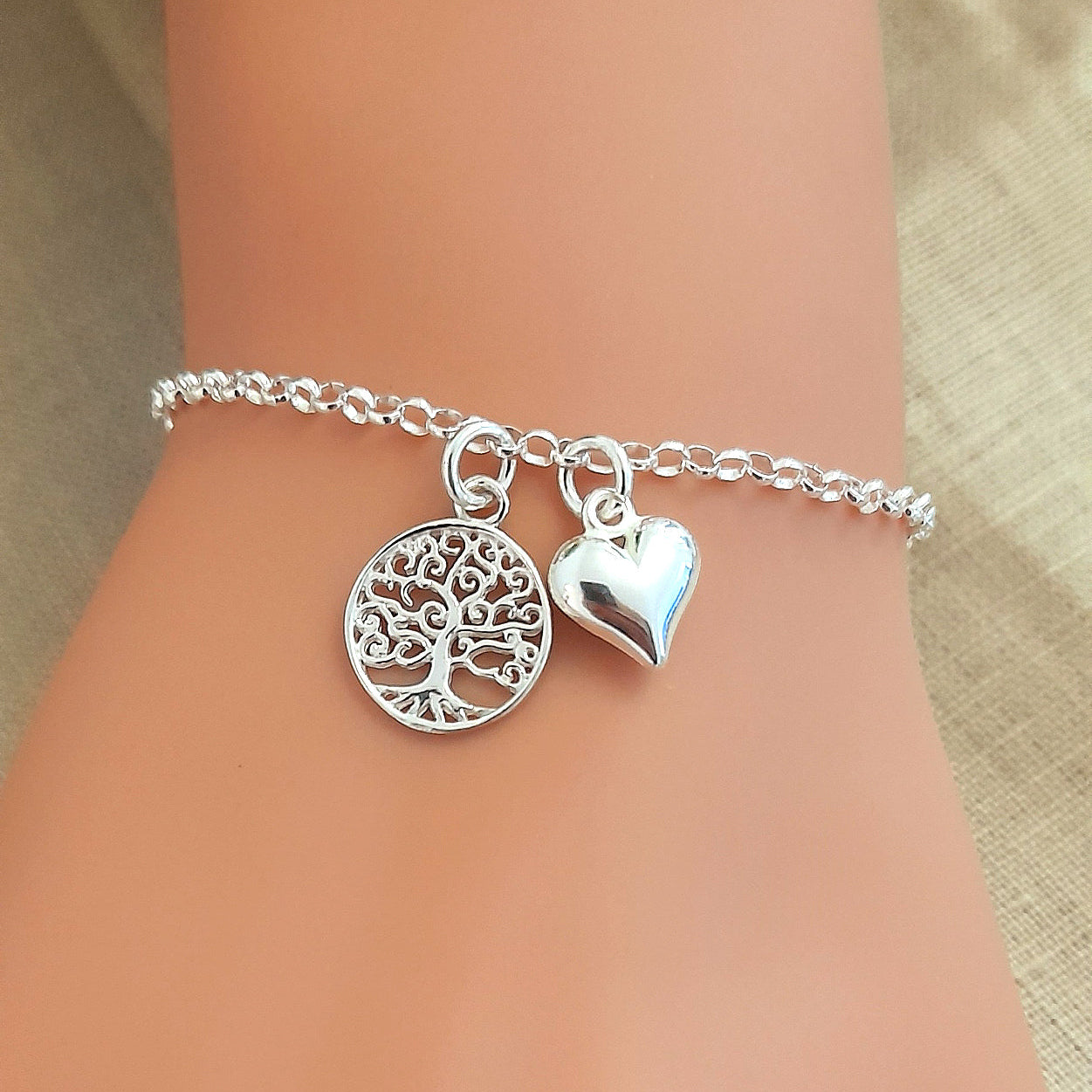 Tree of Life Bracelet with Puffy Heart and Optional Birthstone in Sterling Silver 925 Personalised Jewellery