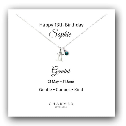 13th Birthday Zodiac Necklace with Optional Birthstone in Sterling Silver 925 - Personalised Jewellery Gift