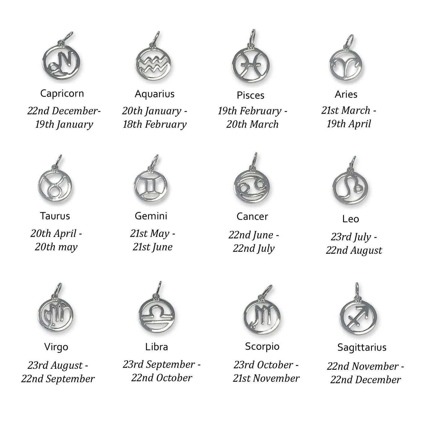 Zodiac sign pendants with corresponding dates