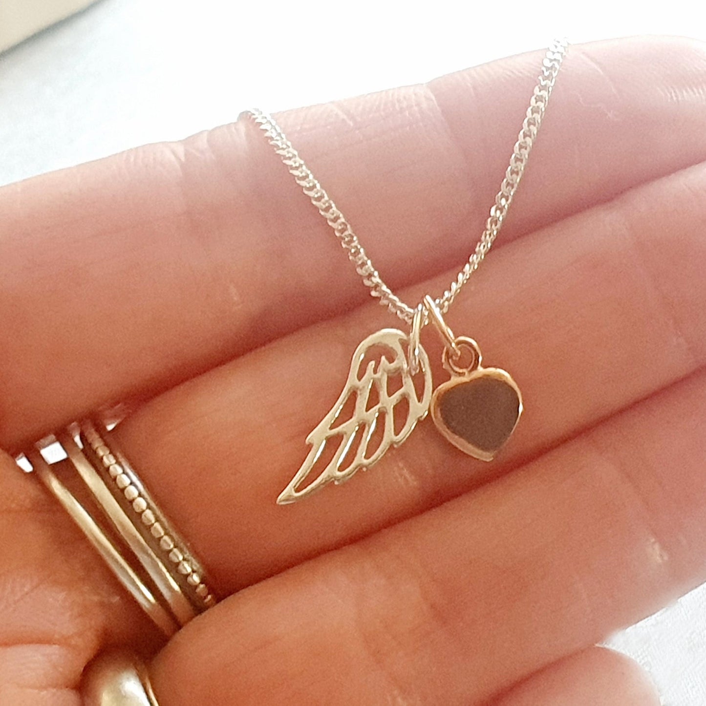 Angel Wing Necklace with Rose Gold Heart in Sterling Silver 925, Personalised Jewellery