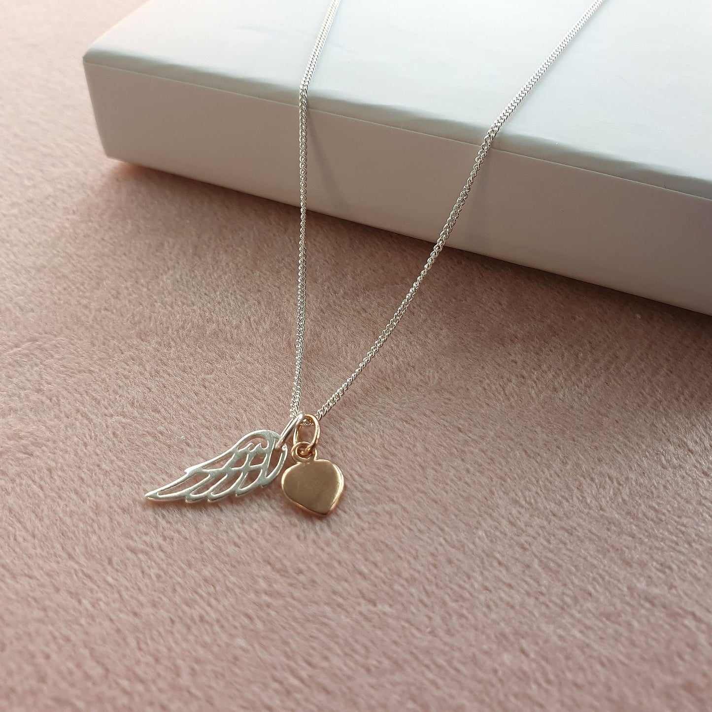 Angel Wing Necklace with Rose Gold Heart in Sterling Silver 925, Personalised Jewellery
