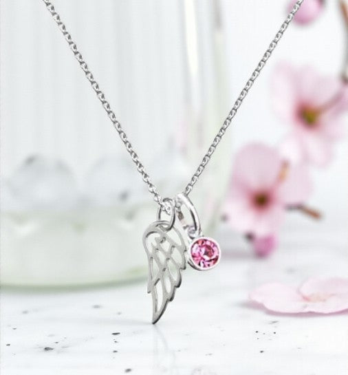 Angel Wing Birthstone Necklace Sterling Silver 925, Personalised Jewellery Gift