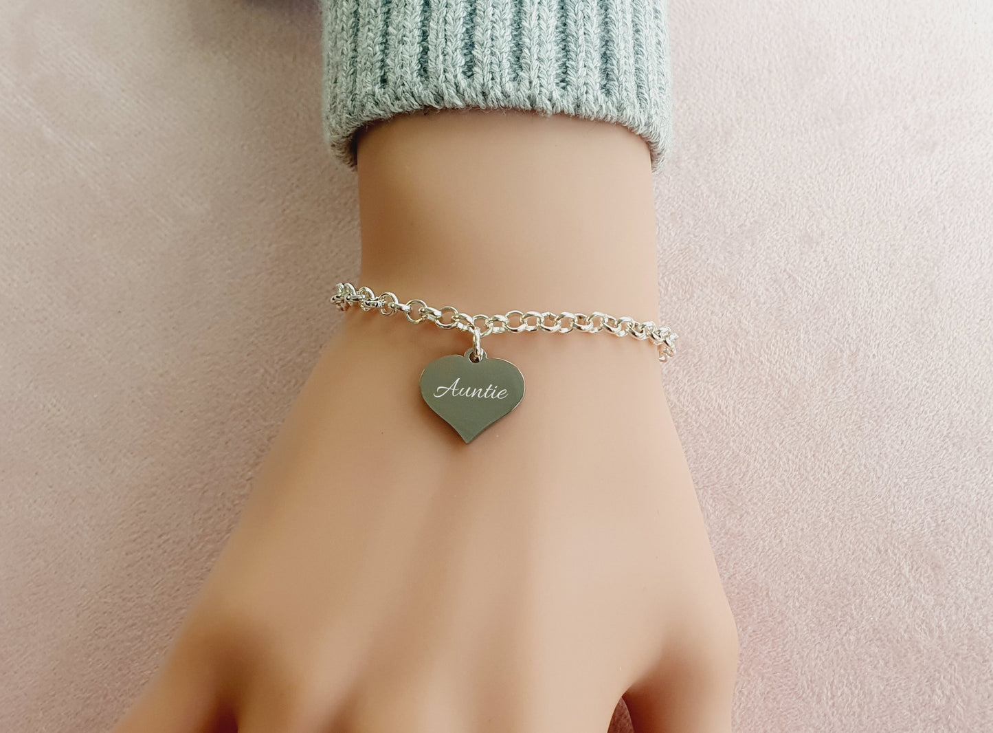 Auntie Engraved Heart Link Bracelet, Personalised Bracelet, Message Jewellery