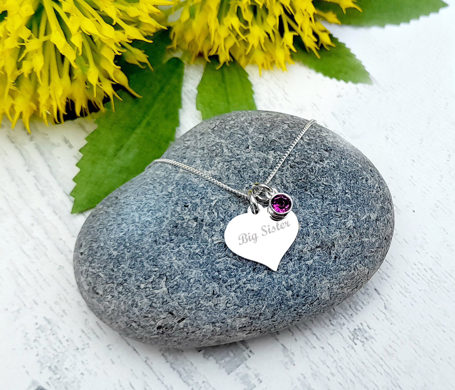 Big Sister Gift, Engraved Heart Birthstone Necklace 925 Sterling Silver, Personalised Necklace, Message Jewellery