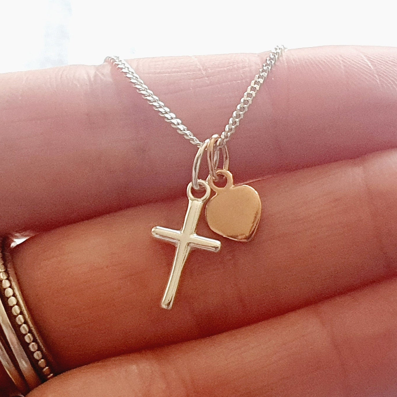Cross Necklace with Rose Gold Heart in Sterling Silver 925