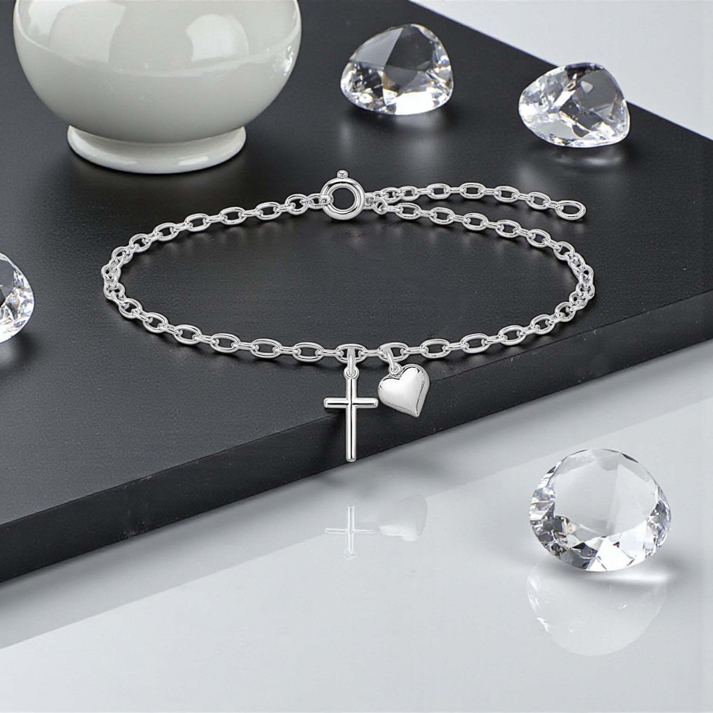 Cross Bracelet with Puffy Heart | Sterling Silver 925 | Religious Jewellery Gift