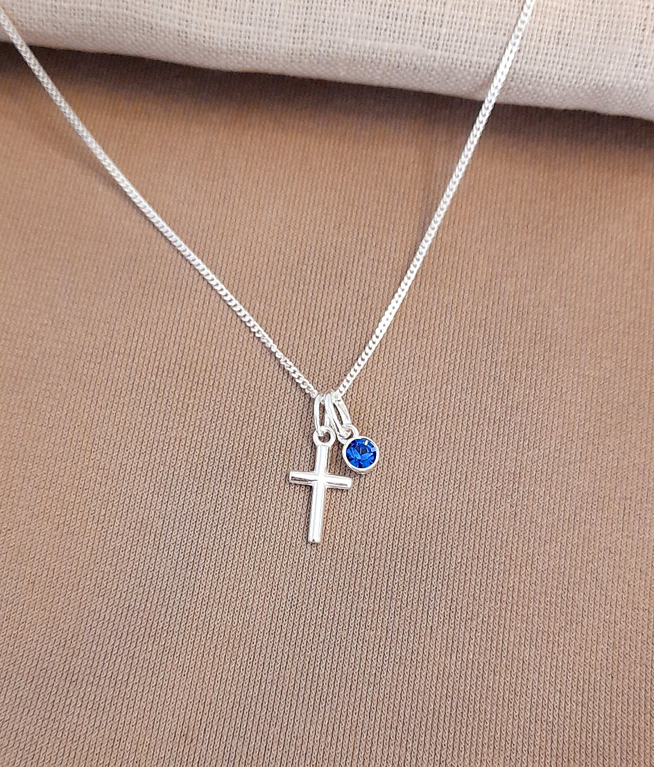 Granddaughter Cross Necklace with Birthstone in Sterling Silver 925, Personalised Jewellery Gift