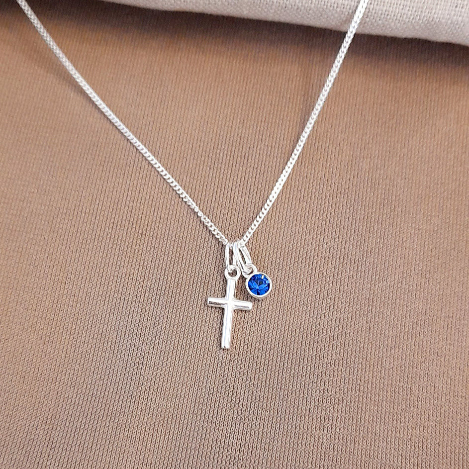First Holy Communion Gift, Cross Birthstone Necklace Sterling Silver 925, Personalised Jewellery Gift