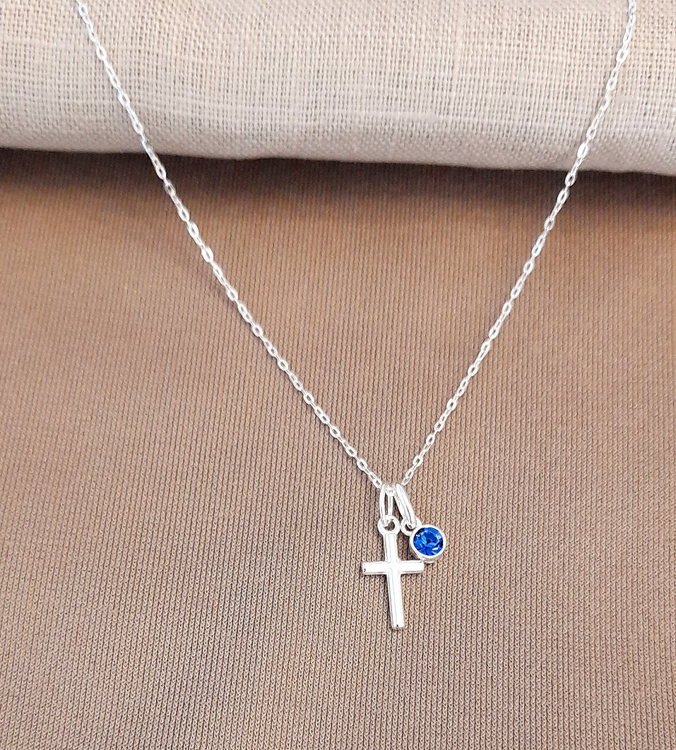 Granddaughter Cross Necklace with Birthstone in Sterling Silver 925, Personalised Jewellery Gift