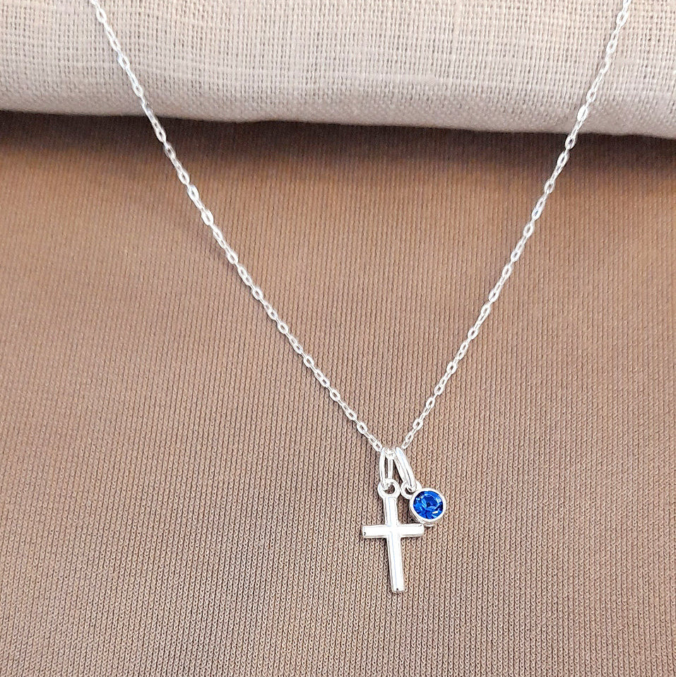 First Holy Communion Gift, Cross Birthstone Necklace Sterling Silver 925, Personalised Jewellery Gift
