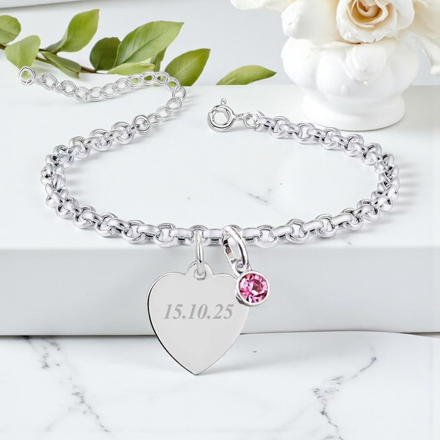 Engraved Heart Name Birthstone Bracelet in Sterling Silver 925 | Personalised Jewellery Gift