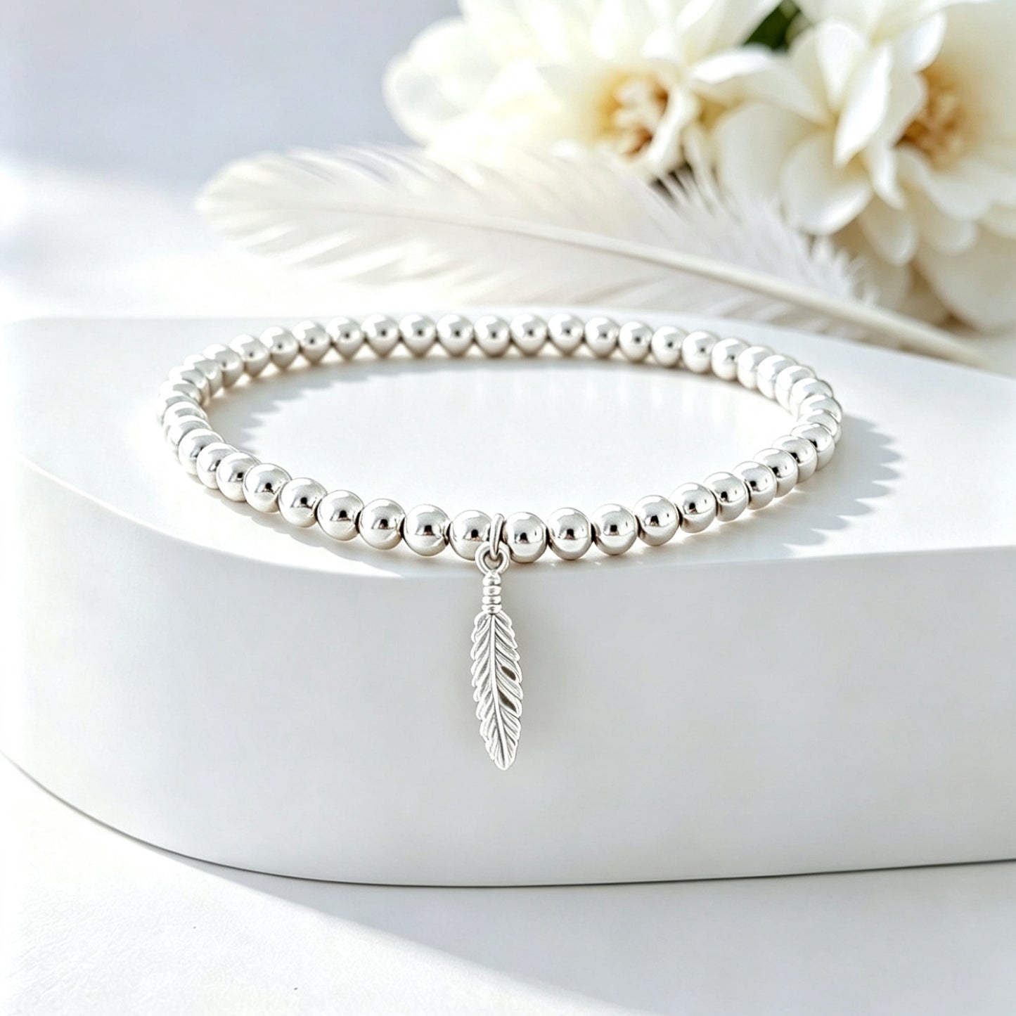 925 Sterling Silver Feather Bracelet | Stretch Charm Bracelet | 4mm Beads