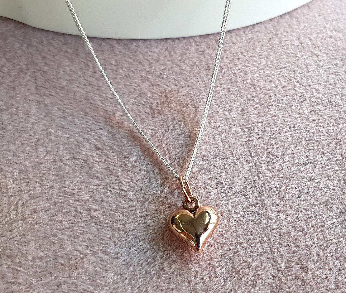 Little Sister Rose Gold Puffy Heart Necklace in Sterling Silver 925, Personalised Gift