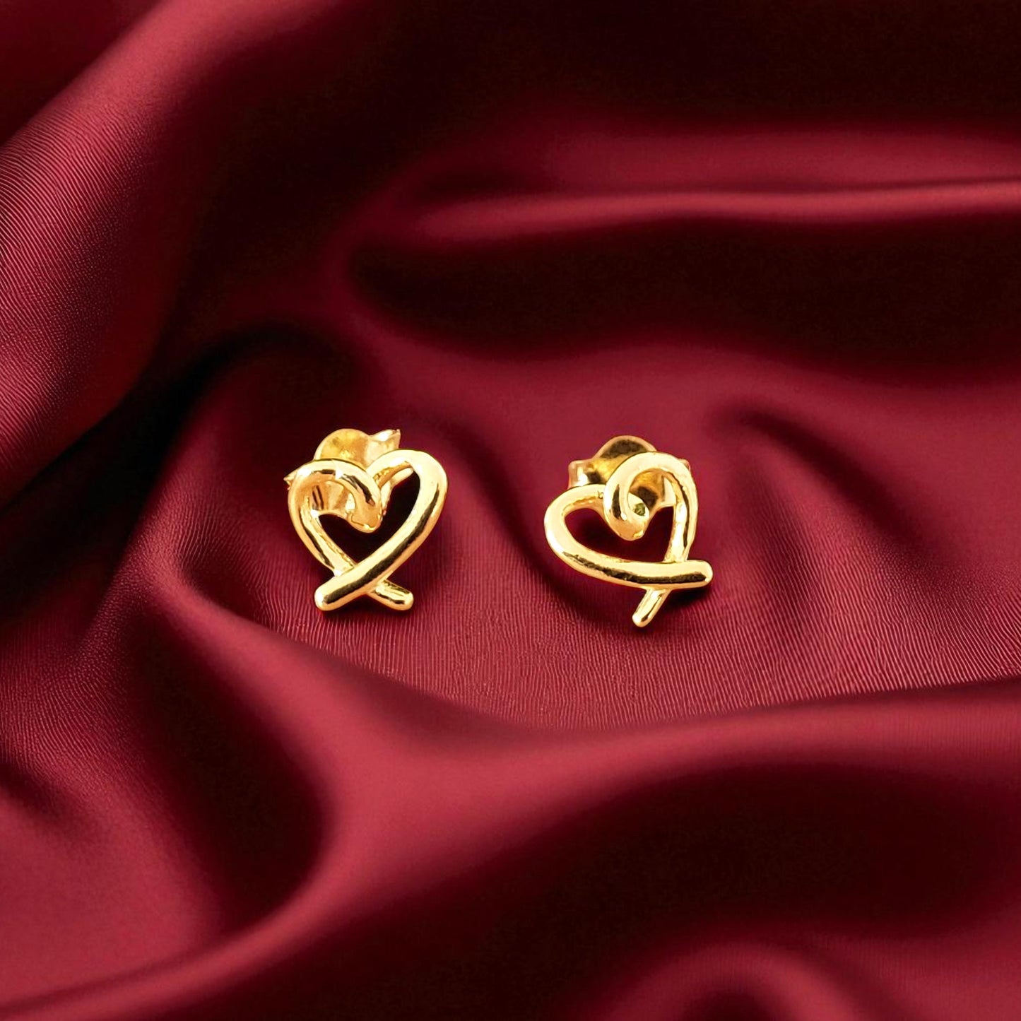 18ct Yellow Gold Plated Sterling Silver Ribbon Heart Stud Earrings | Elegant Jewellery Gift