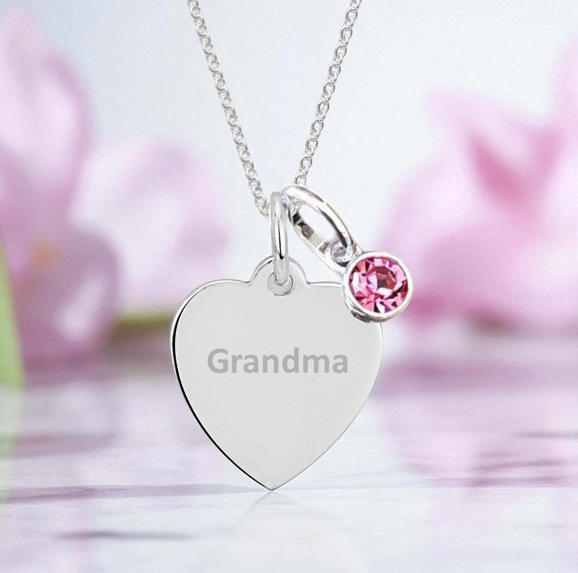 Grandma Engraved Necklace with Birthstone in Sterling Silver 925 | Personalised Jewellery Gift