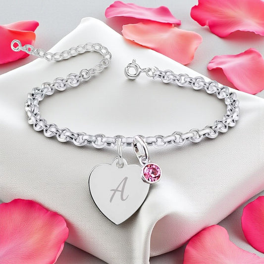 Engraved Heart Initial Letter Birthstone Bracelet in Sterling Silver 925 | Personalised Jewellery Gift