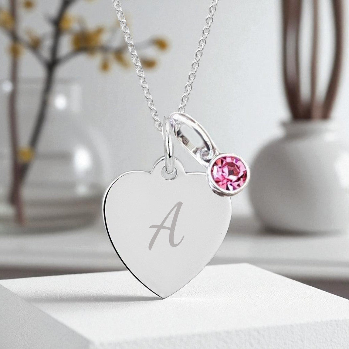 Initial Letter Engraved Necklace with Birthstone in Sterling Silver 925 | Personalised Jewellery Gift