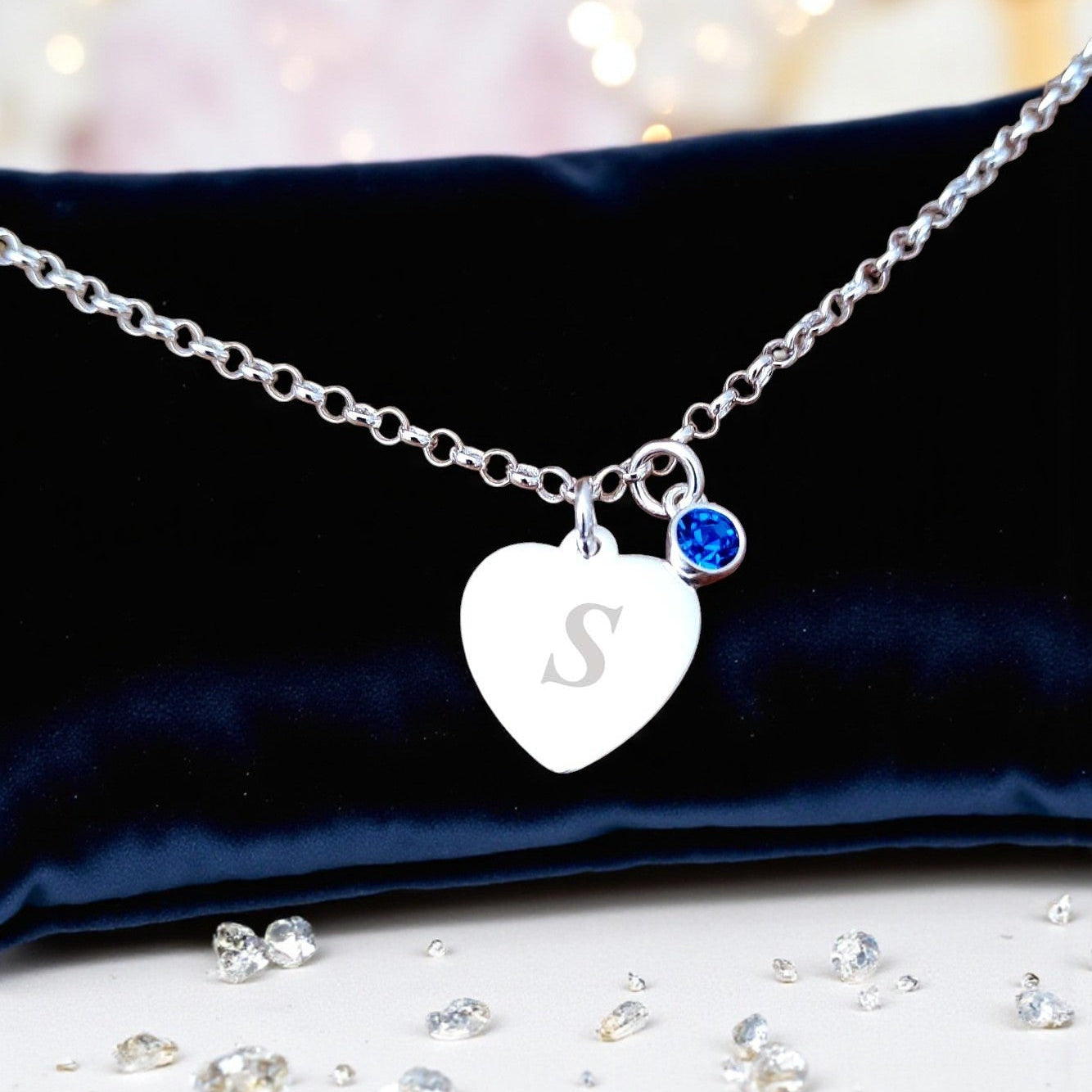 Engraved Heart Initial Letter Birthstone Bracelet in Sterling Silver 925 | Personalised Jewellery Gift