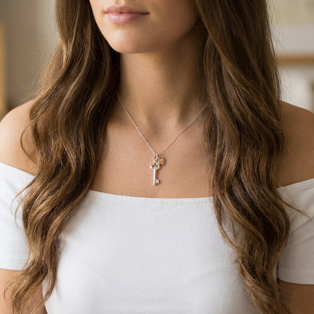 21st Birthday Key Necklace with Rose Gold Heart in Sterling Silver 925, Personalised Jewellery Gift
