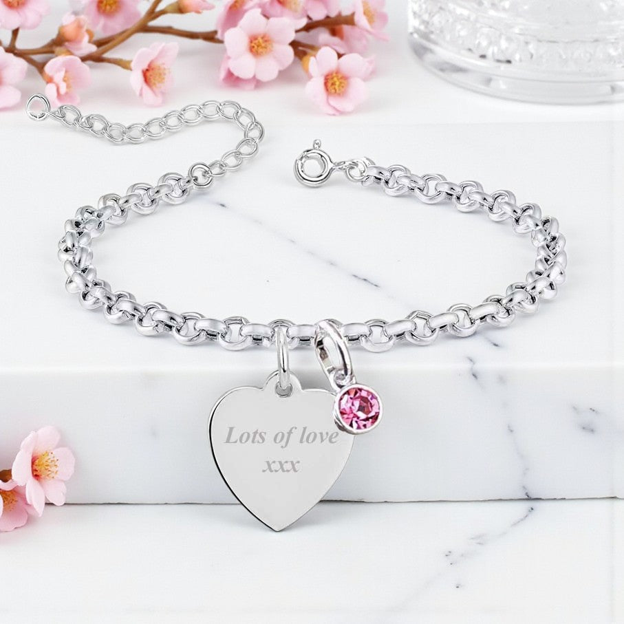 Engraved Heart Name Birthstone Bracelet in Sterling Silver 925 | Personalised Jewellery Gift