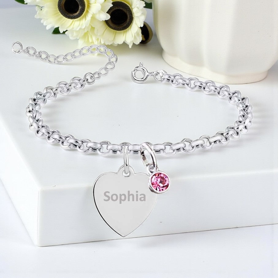 Engraved Heart Name Birthstone Bracelet in Sterling Silver 925 | Personalised Jewellery Gift
