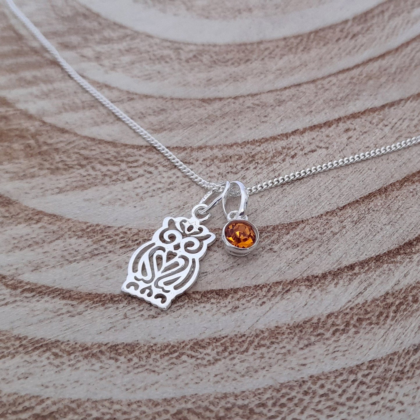 Owl Birthstone Necklace Sterling Silver 925, Personalised Jewellery