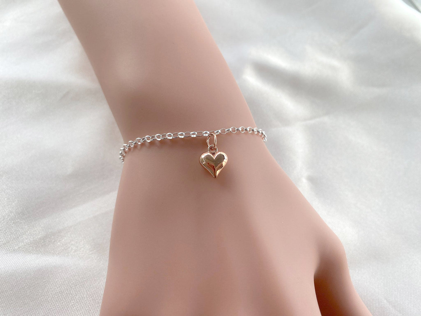 Sweet 16 Rose Gold Puffy Heart Bracelet in Sterling Silver 925, Personalised Jewellery Gift