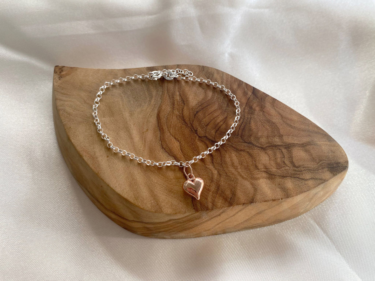 Sister Gift, Rose Gold Puffy Heart Bracelet Sterling Silver 925, Personalised Jewellery Gift