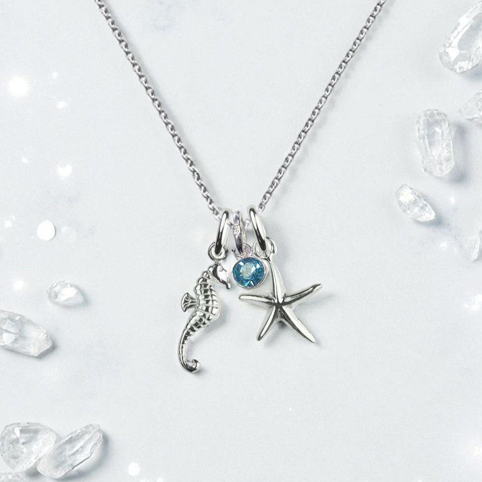 Starfish & Seahorse Birthstone Necklace Sterling Silver 925 – Personalised Jewellery Gift