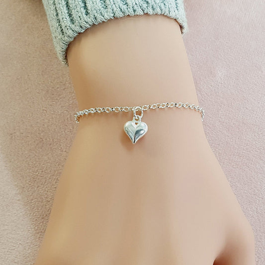 Mum Puffy Heart Bracelet in Sterling Silver 925, Personalised Jewellery Gift