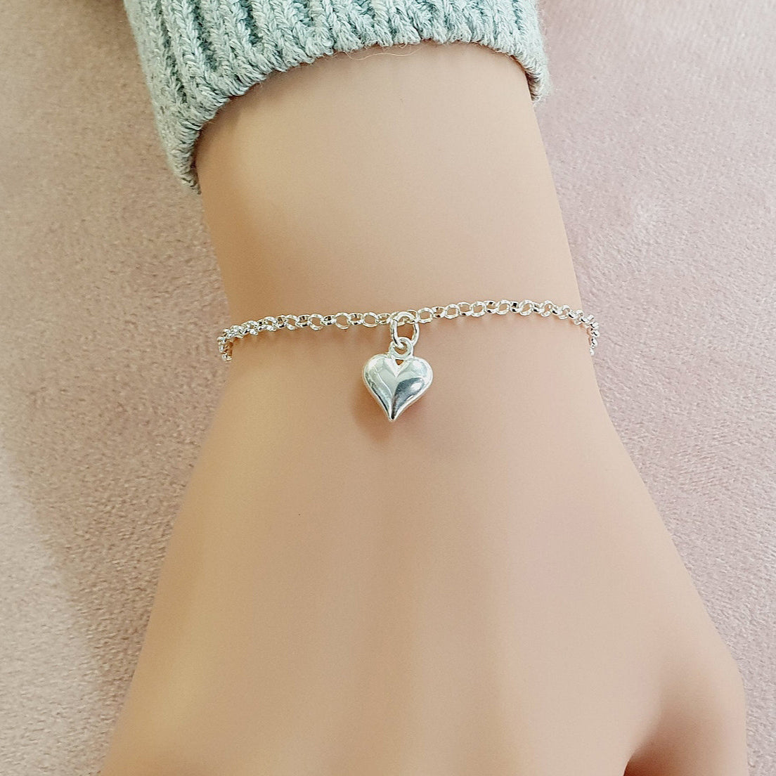 Graduation Gift, Puffy Heart Bracelet in Sterling Silver 925, Personalised Jewellery Gift