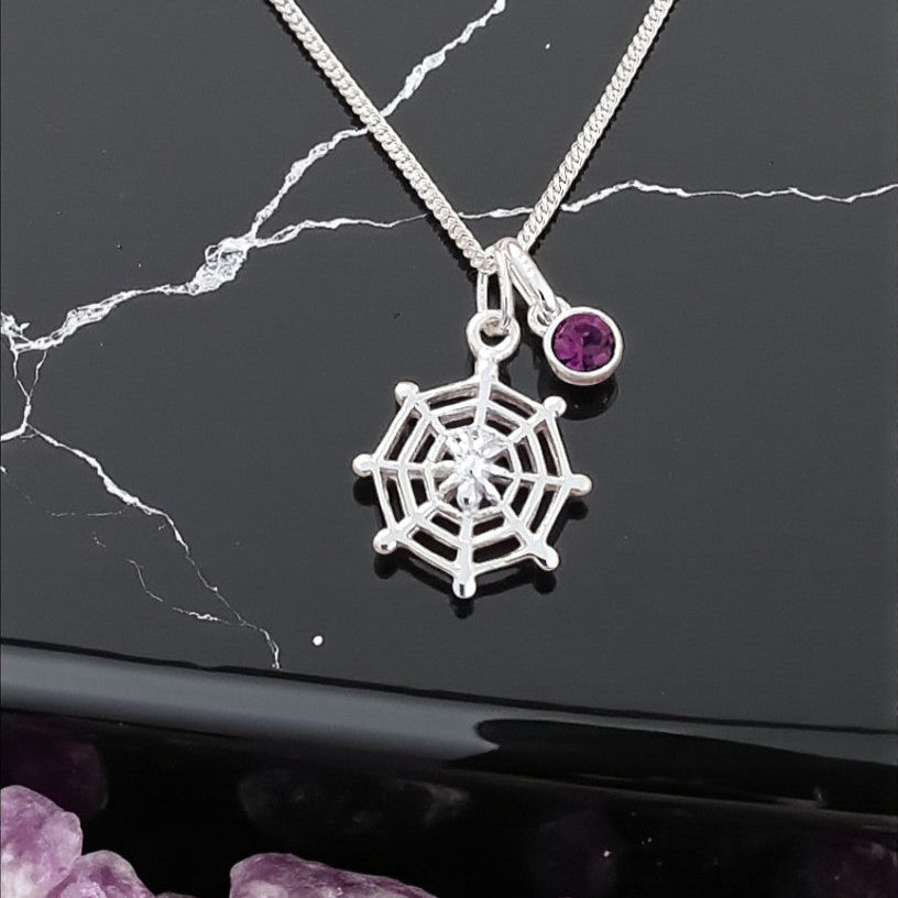 Spider on a Web with Crystal Birthstone Necklace | 925 Sterling Silver Gothic Jewellery