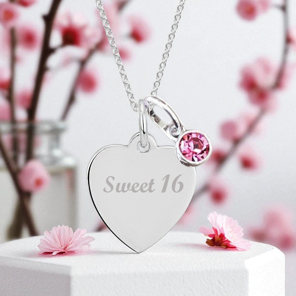 Sweet 16 Engraved Necklace with Birthstone in Sterling Silver 925 | Personalised Jewellery Gift