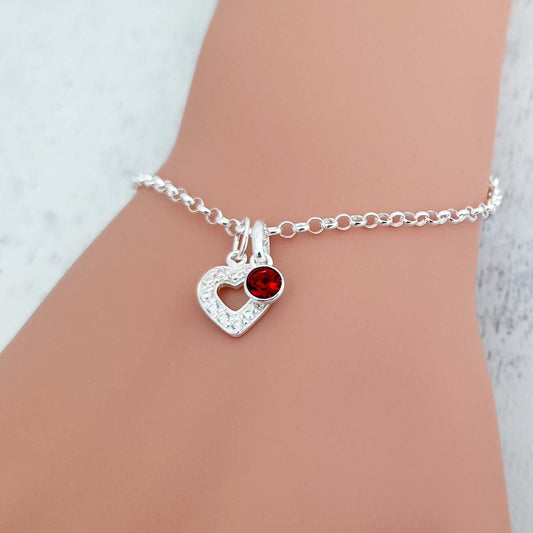 Cubic Zirconia Heart 925 Sterling Silver Link Bracelet with Optional Birthstone - Includes a Personalised Gift Message